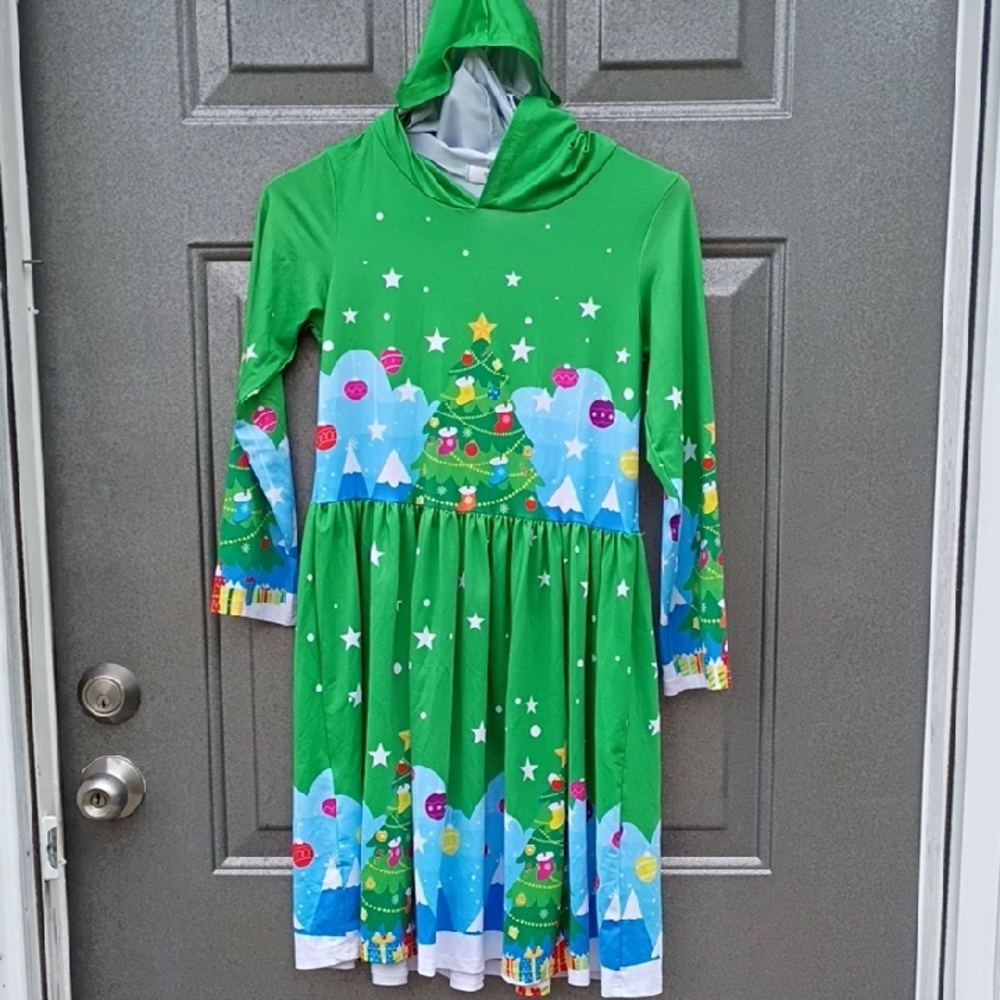 Festive Green Christmas Tree Dress Girls Size 12 With Hood